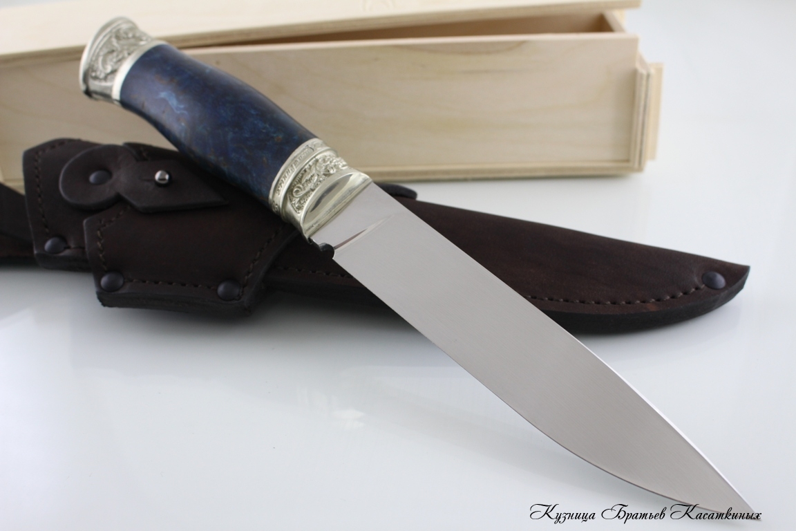 Нож Засапожный сталь Bohler k 340. Рукоять карельская береза синяя.
