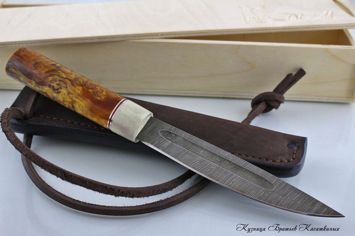 Северный нож средний БЫHAХ дамасская сталь. Рукоять карельская береза(Янтарь).
