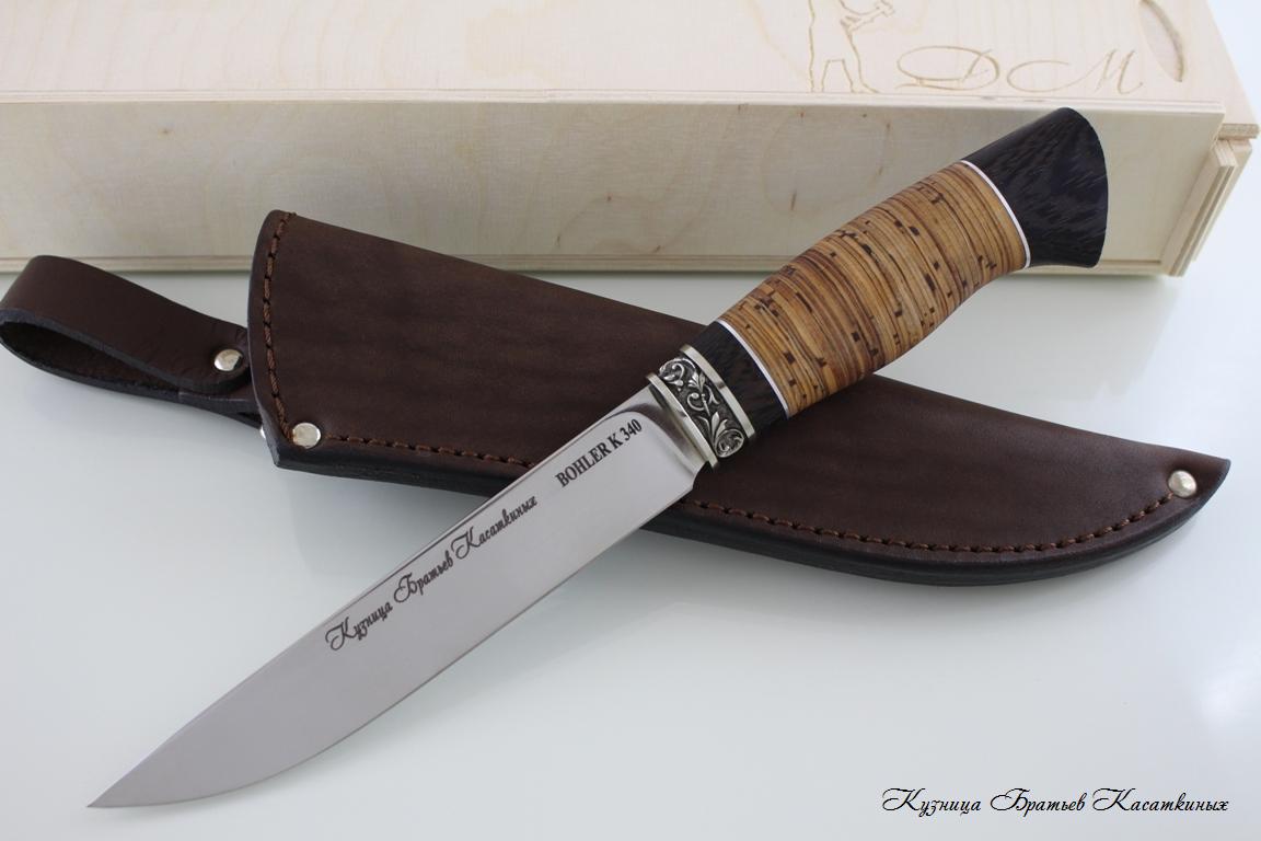 Нож Лиса сталь Bohler k 340. Рукоять береста Венге.