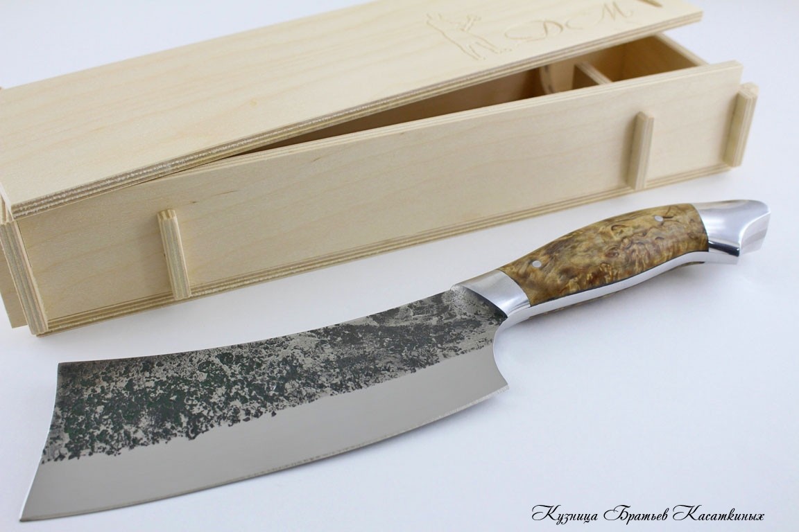 Мясной топорик малый серии Рататуй Сталь 95х18 (эл.ковки). Рукоять карельская береза (св.коричневая).