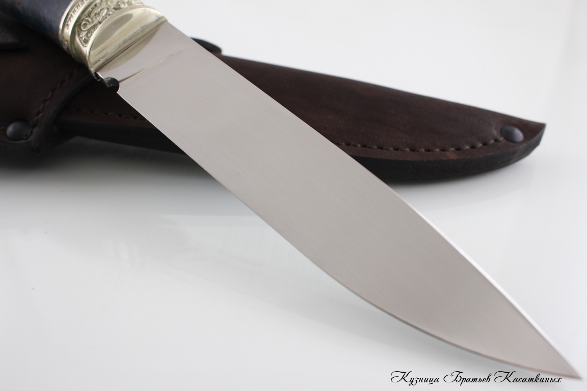 Нож Засапожный сталь Bohler k 340. Рукоять карельская береза синяя.