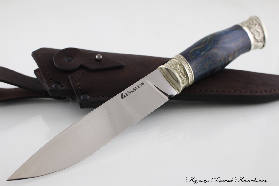 Нож Засапожный сталь Bohler k 340. Рукоять карельская береза синяя.