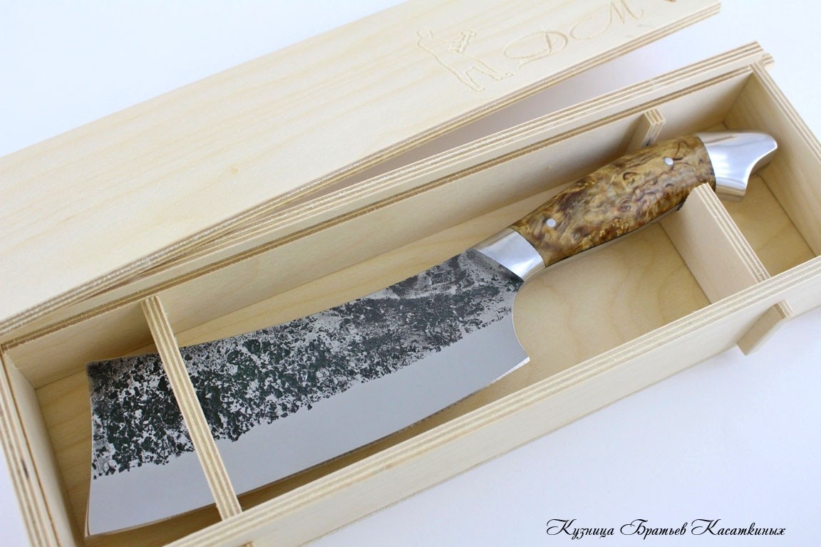 Мясной топорик малый серии Рататуй Сталь 95х18 (эл.ковки). Рукоять карельская береза (св.коричневая).